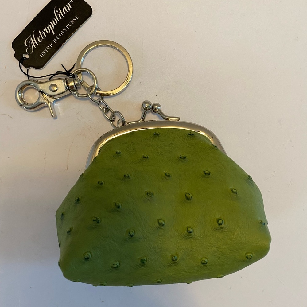 New Metropolitan Faux Ostrich Money COIN PURSE Ball-Clasp Key Chain Clip & Ring